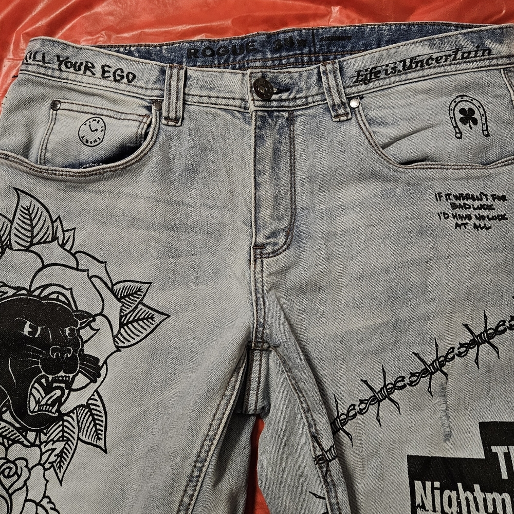 Rogue Printed Light Wash Skinny Jean 34 Waist - Picture 3 of 12